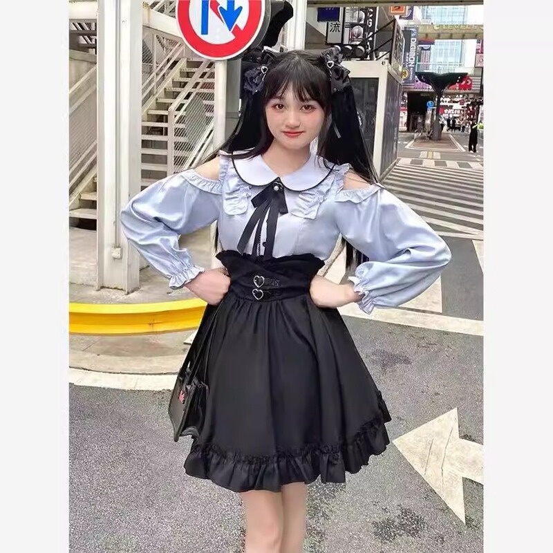 Small Sweet Cute Doll Collar Shoulder Long Sleeve Shirt Top Tight Waist Skirt Children's Two-Piece Autumn Suit