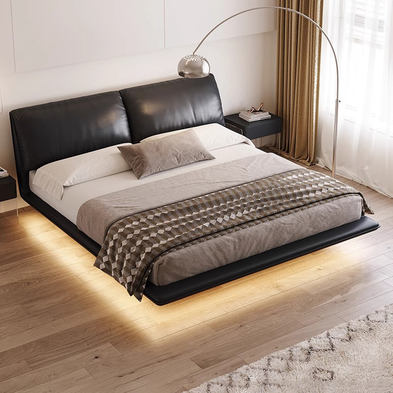 Cama flotante de cuero con orejas de elefante, cama principal minimalista italiana, cama doble blanda negra de 2*2,2 m, nuevo