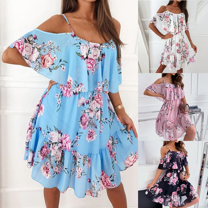 Cross-Border Aliexpress Amazon 2026 New Spring Chiffon Printed Off-Shoulder Sexy Dress Fashion Dress