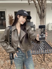 美拉德穿搭翻领皮衣外套女春秋季新款复古短款宽松炸街长袖机车服