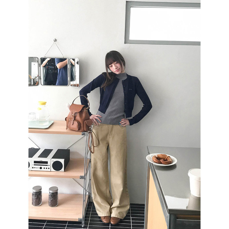 Milk tea khaki! High-waisted twill wide-leg jeans