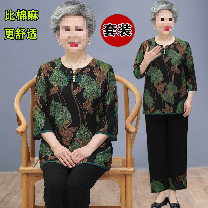 Комплект для мамы, летняя одежда для пожилых, с коротким рукавом, хлопок и лен, для среднего возраста