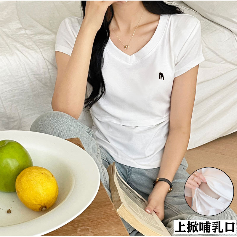 Real Shot of Simple Nursing Clothes, Summer Simple, Comfortable and Soft Menstrual Clothes, Postpartum Pure Cotton Slimming Look Nursing T-Shirt Tops