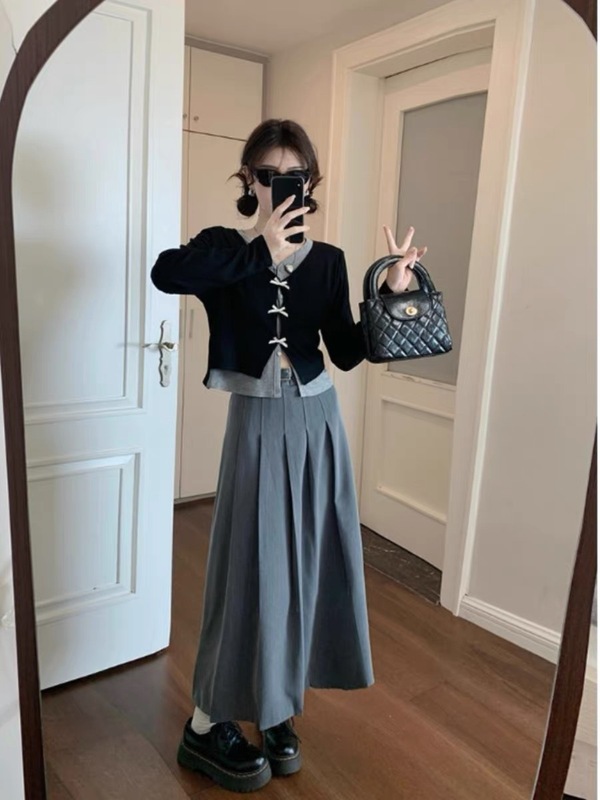 大码女装初秋穿搭高级感套装假两件针织衫胖MM显瘦百褶裙子两件套|undefined