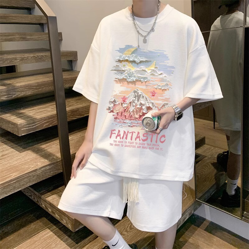 Waffle Casual Fashion suit Boys Summer Fashion Brand Summer Half-Sleeve Short-Sleeved Sports Fashion Shorts Two-Piece Set