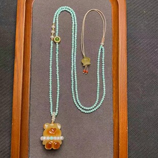 Natural Beeswax Russian Bears Pendant Necklace Wax Rich Turquoise Chain Women's Long Necklace