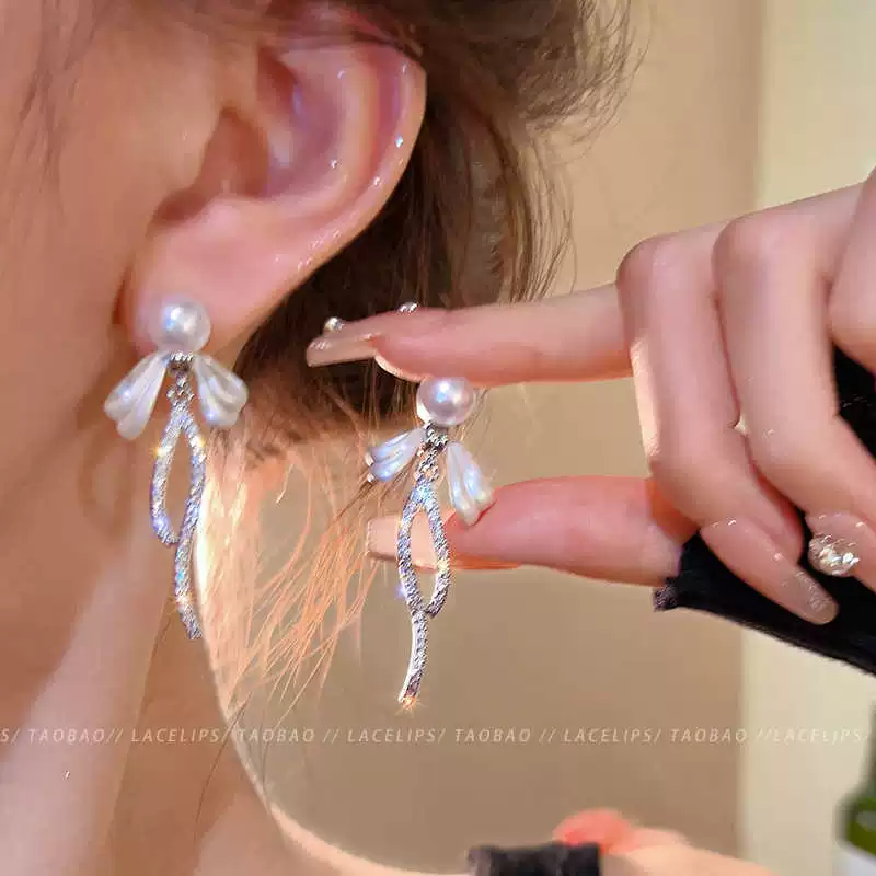 Серьги из серебра 925 с жемчужным бантиком, микровклейка цирконием, стиль 2026