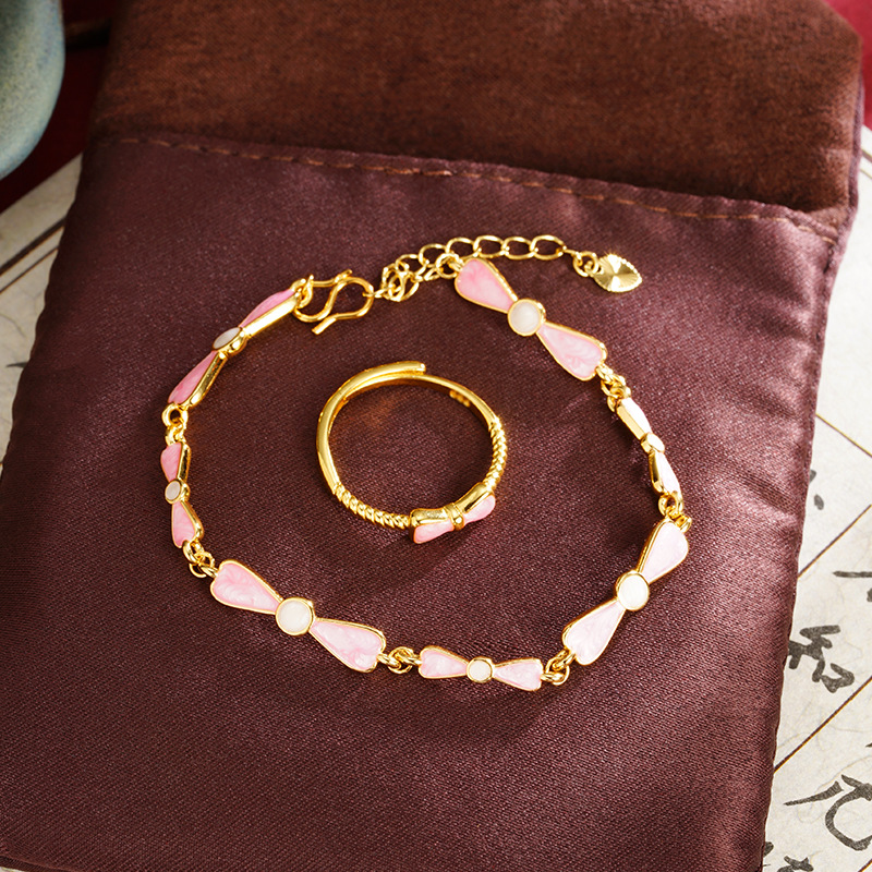 Brazalete de oro de arena vietnamita estilo de diseño nacional esmalte rosa anillo de arco de mariposa universal joyas no se desvanecen