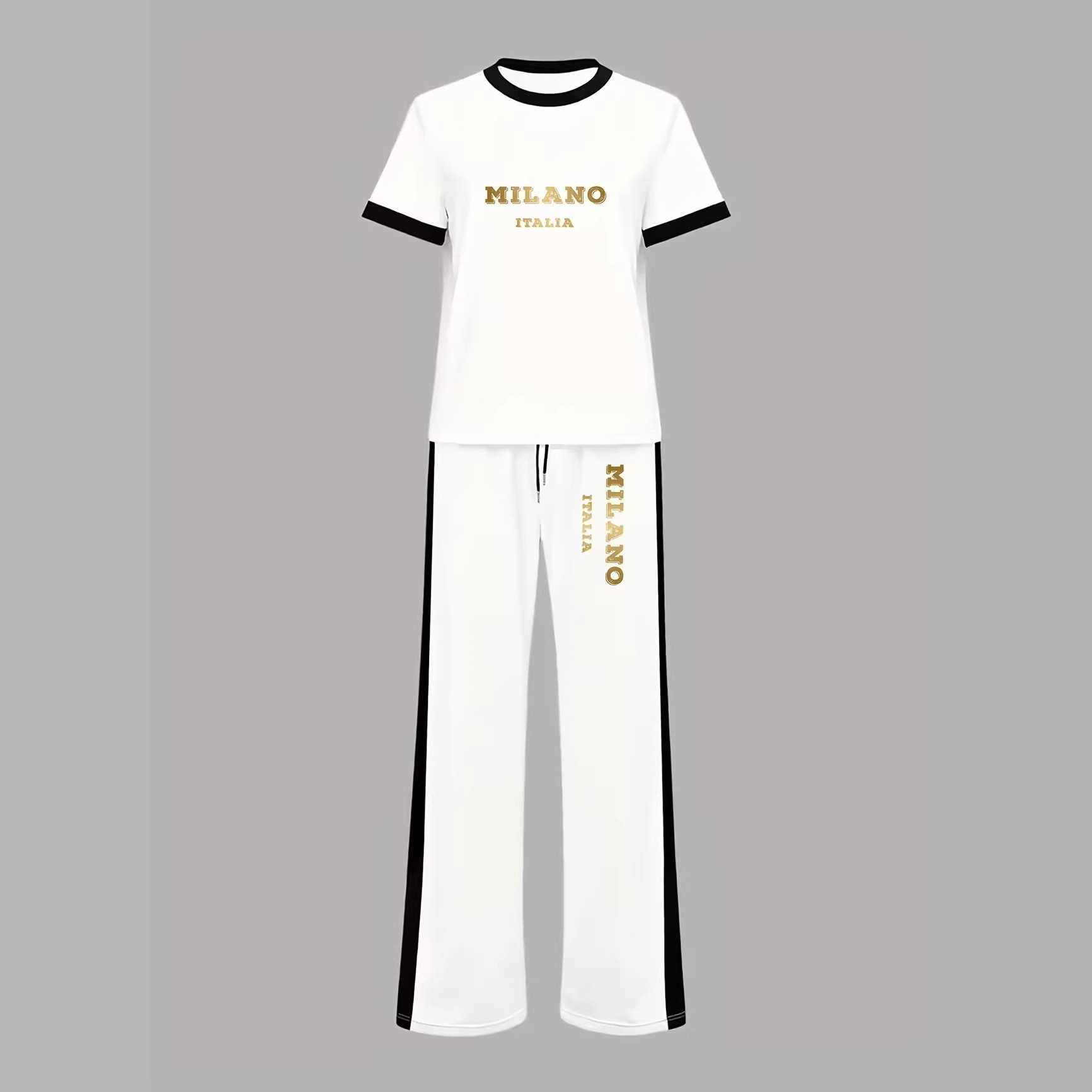 Women's Italian Style Commuter Short Sleeved Shirt And Shorts Set Loose Fit Gold Letter Print Two Piece Outfit_ecoleips.com
