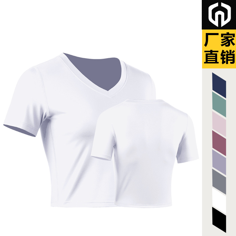 Ropa de entrenamiento de yoga traje deportivo Camiseta ajustada de manga corta para mujer Top casual con cuello en V Camiseta de manga corta ombligo expuesto