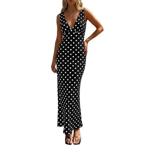 Women's Summer Polka Dot Long Dress Wedding Guest Slim Fit Sexy V-Neck Sleeveless Party Dress Women's Summer Polka Dot Long Dress Wedding Guest Slim Fit Sexy V-Neck Sleeveless Party Dress