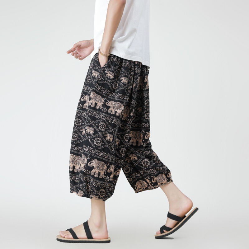 New Chinese-Style Beach Pants, Ethnic Style Wide-Leg Pants, 2026 Summer Cotton and Linen Breathable Floral Cropped Pants, Thin Yoga Pants