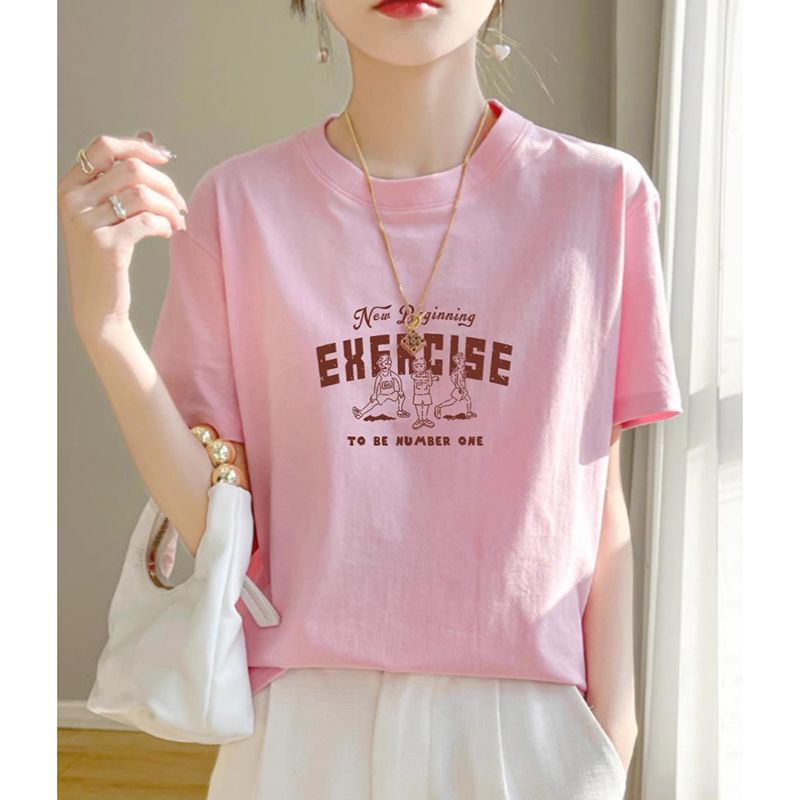 2026 New European Style Pink Summer Pure Cotton Regular Shoulder Short-Sleeve T-Shirt for Women, Loose Fit, Slimming, Age-Reducing Half-Sleeve Top for Women