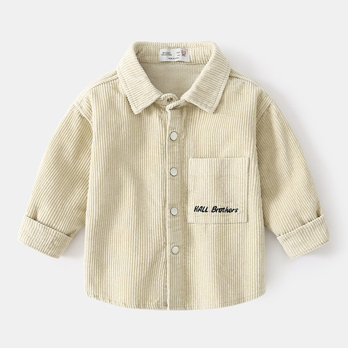 Boys solid color letter shirt  children's clothing retro corduroy jacket Korean style boys loose long-sleeved top trendy