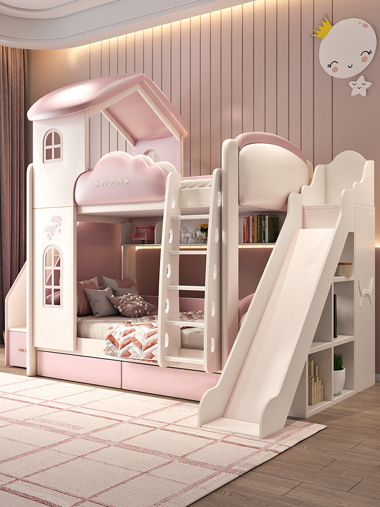 Children's Bed with the Same Width on Both Sides, Two-Story Girl's Princess Bed, Double Bed, Small Apartment Castle High and Low Bed for Girls
