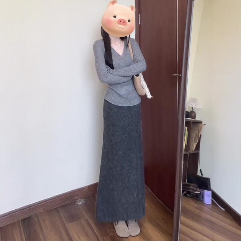 早秋搭配一整套2024韩系慵懒灰色毛衣针织衫半身长裙两件套裙装女