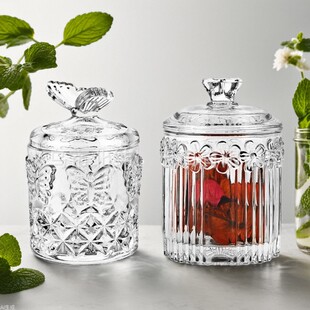 ins Style Transparent Flower Butterfly Glass Sugar Jar Jewelry Box Cotton Swab Storage Box with Lid Tea Coffee Jar