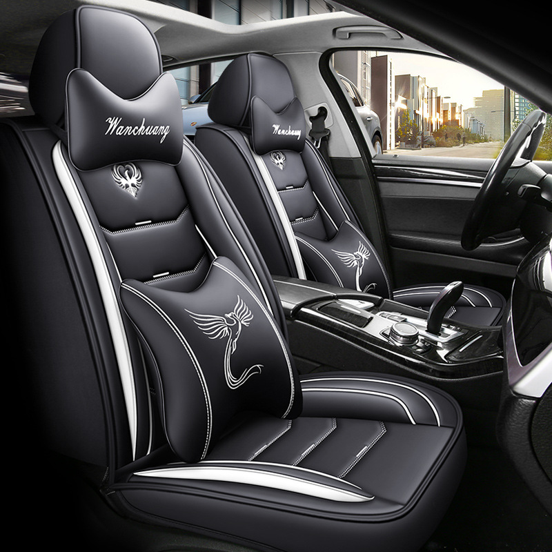 Cushion Full Surround: Universal Seat cushion, seat cover - black-white-luxury-full-leather