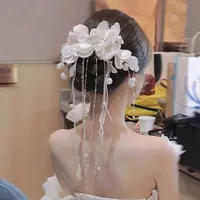 Атласный жемчужный цветок из бисера и кисточек для волос, свадебный головной убор, фотостудия