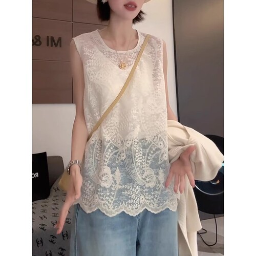 Summer new style French gentle round collar sleeveless embroidered lace shirt for women, folding loose casual top