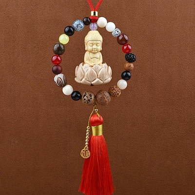 Car Hanging Ornament with Eighteen Seed Beads, High-Quality Boxwood and Peach Wood Car Decoration, Small Buddha Pendant for Car Interior Rearview Mirror (Car hanging) - eighteen-bodhi-seeds-little-buddha-red