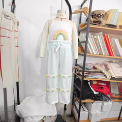 Wholesale children's clothing source 2024 summer new girl sweet rainbow embroidery spaghetti strap wide-leg pants set