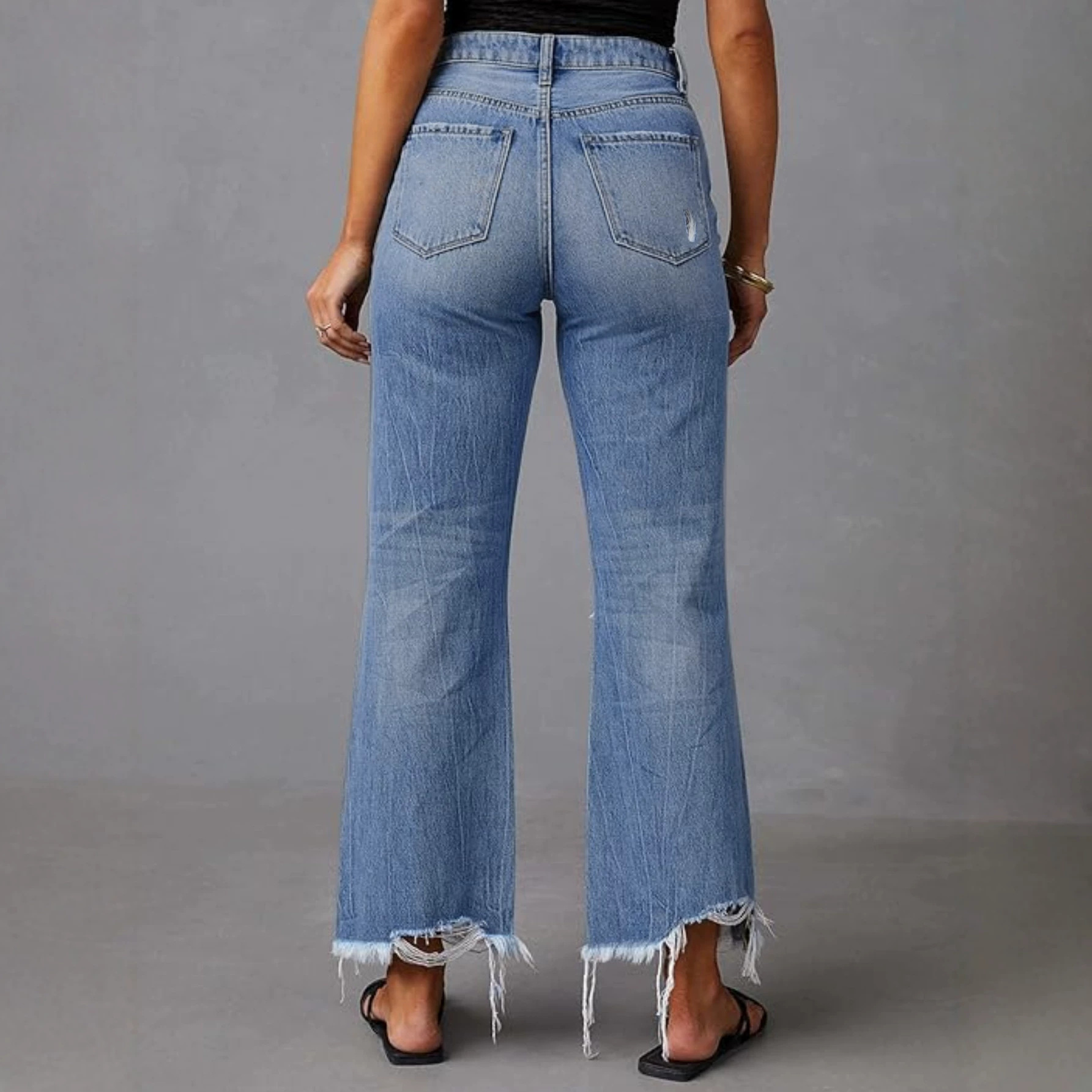 Jeans Rectos de Tiro Alto para Mujer de Mezclilla de Algodón, Con Roturas, para Uso Casual image 3