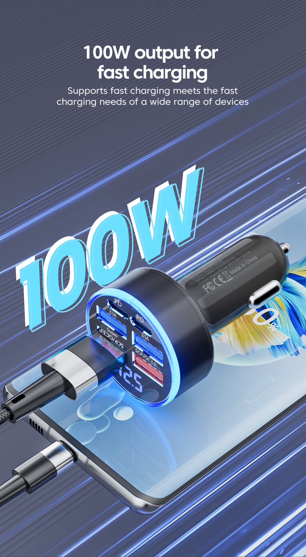 Multi-port with digital display support super fast charging 6/8 port with voltage vehicle-mounted one-to-six/8-car fast charging cross-border