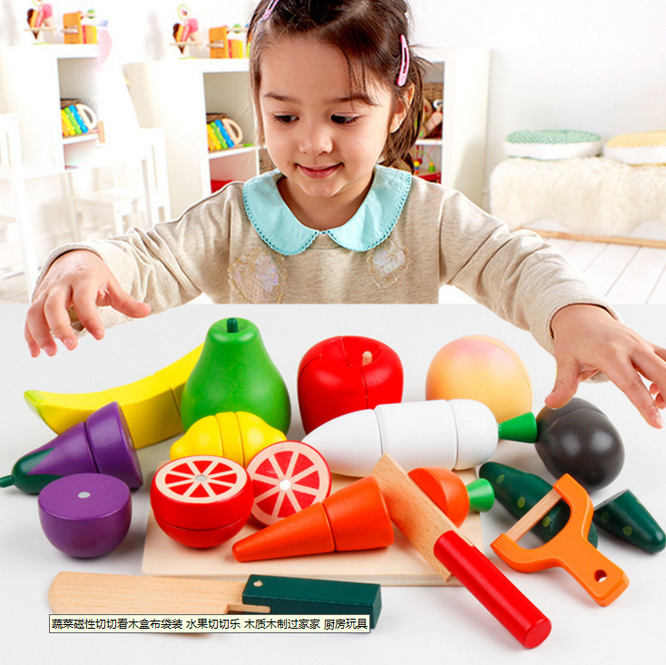 Weiweihu niños de madera con hebilla magnética, rompecabezas de frutas y verduras, pan, simulación de bricolaje, juguetes educativos de música de corte