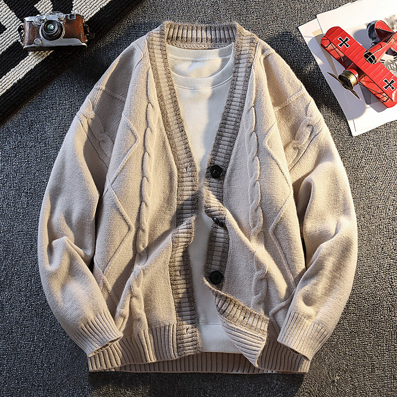 2025 otoño y invierno nuevo pequeño jacquard cornisa de moda cardigan suéter hombre moda casual versátil suelto color contrastante