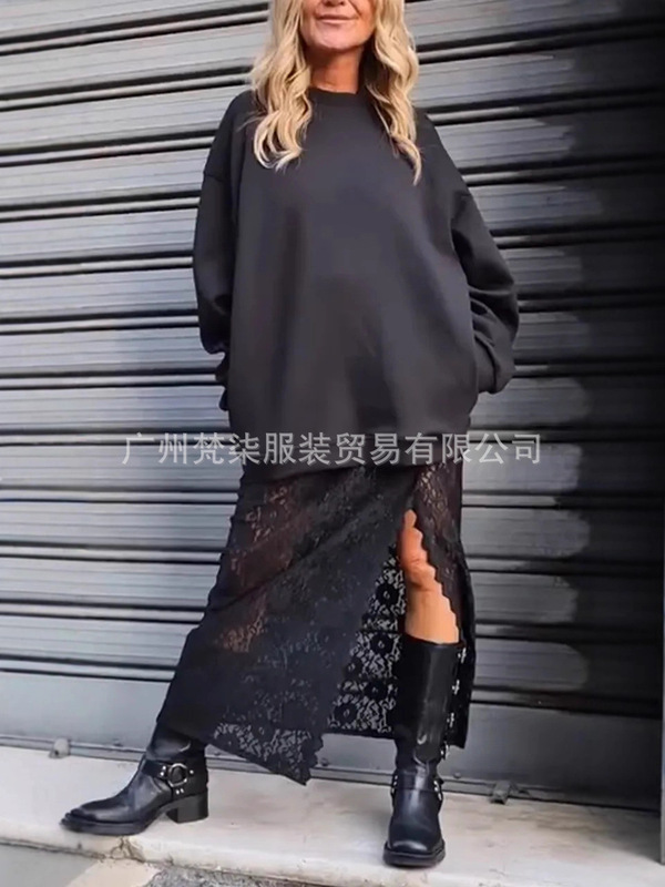 欧美跨境亚马逊2025爆款蕾丝镂空吊带连衣裙纯色卫衣休闲两件套|undefined
