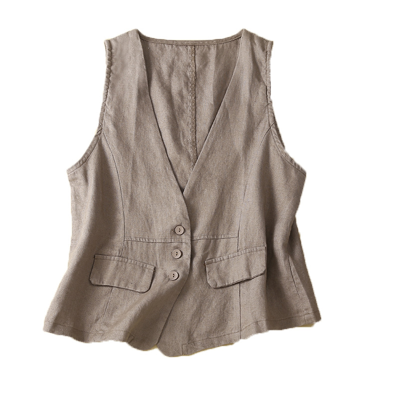Tres estaciones artístico Lino chaleco verano cuello v cuello casual sin mangas de algodón y lino chaleco exterior fino abrigo image 7