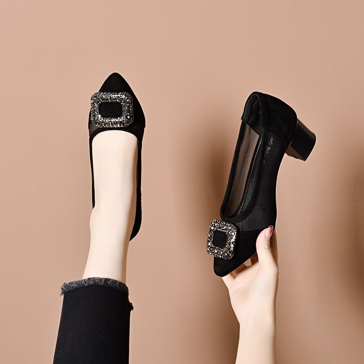 Giày nữ da thật mũi nhọn gót xuồng 3 cm lưới thoáng khí — Đen--3CM chi tiết 5