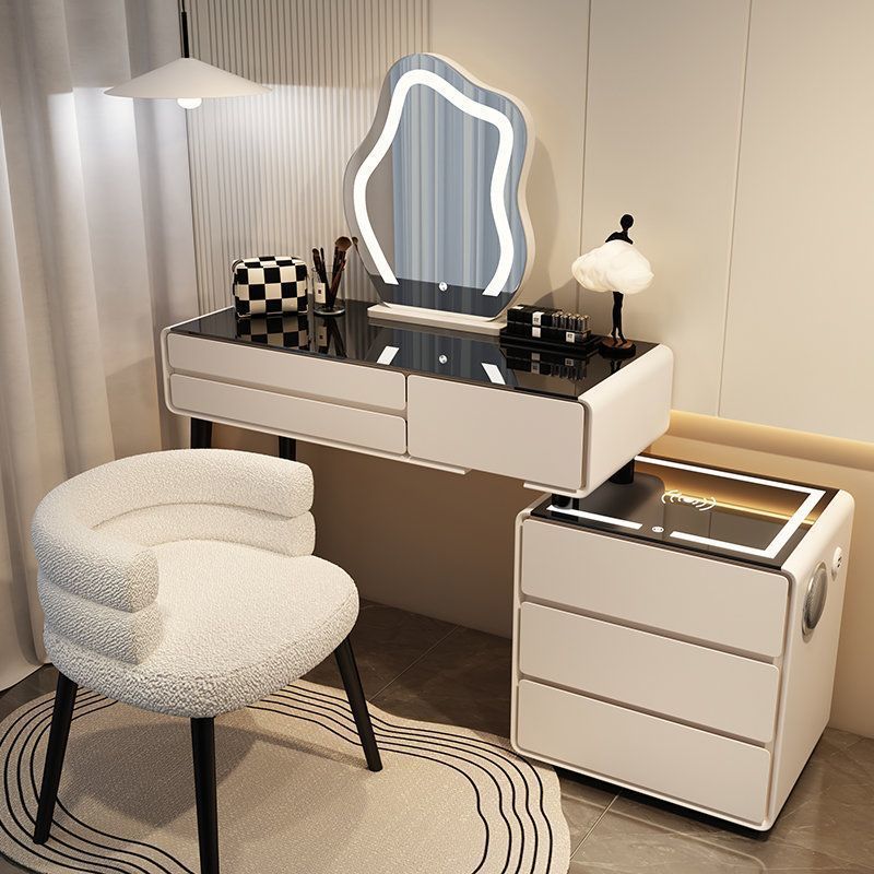 밀키 화이트 3단 서랍 스마트 모델 - 올 원목 100 테이블 + 캐비닛 + 구름거울 + 유아용 의자