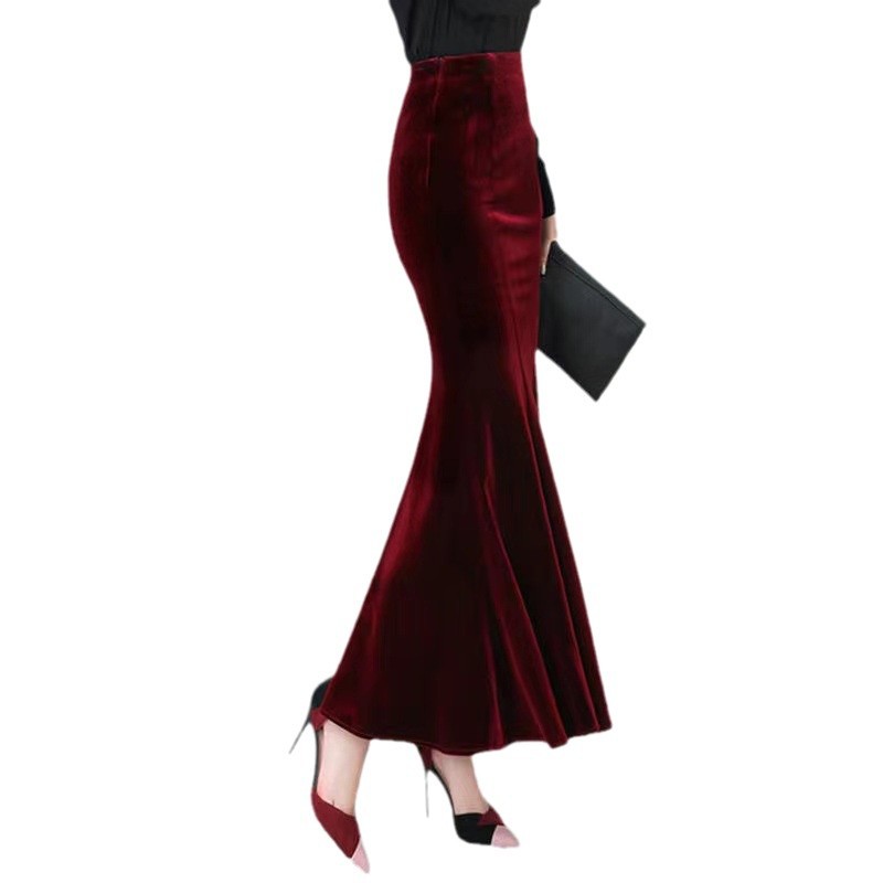 GraceChic GraceChic GraceChic Velvet Midi Autumn 2024 New Long Mermaid Plus Size Bodycon High Waist Winter Skirt_voghion.com