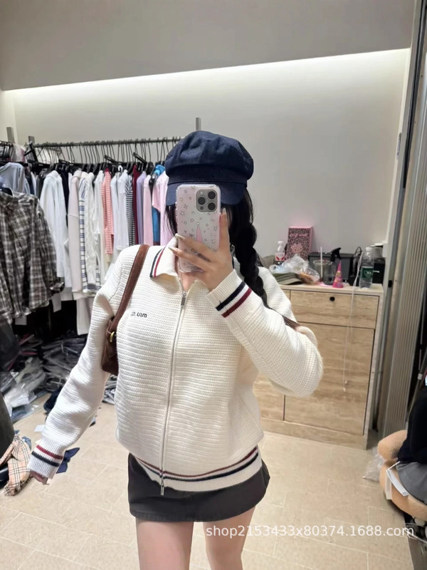 25Ss早秋新款M家撞色针织拉链外套韩系少女风刺绣字母翻领开衫|undefined