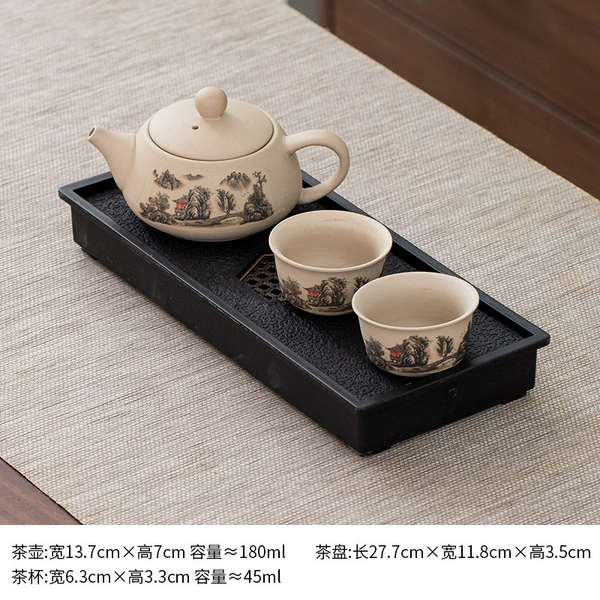[粗陶西施壶（山水）1壶2杯+六角古铜黑密胺盘28x12]