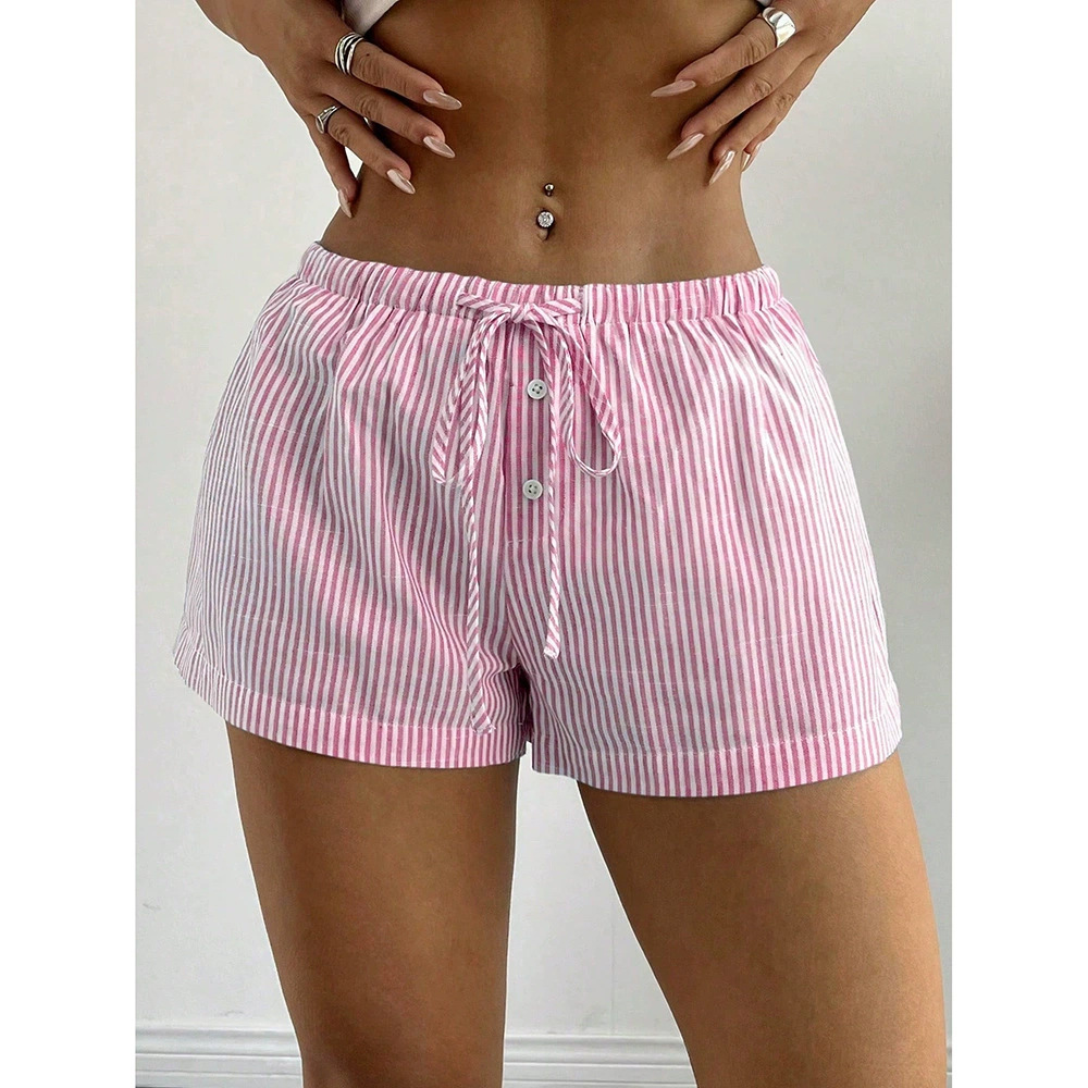 Comercio exterior transfronterizo básico diseño a rayas elástico con cordones pantalones cortos casuales pantalones cortos sueltos y delgados para mujer