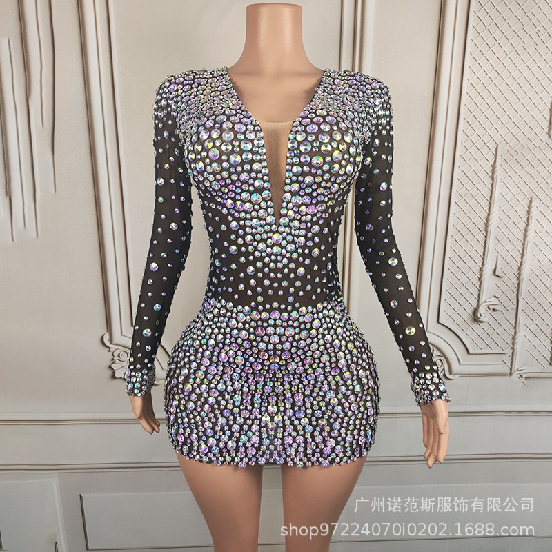 European and American Sparkling Colored Diamond-Like Black Velvet Elegant Waist-Cinching Short Dress for Ladies Cocktail Party Performance Wear