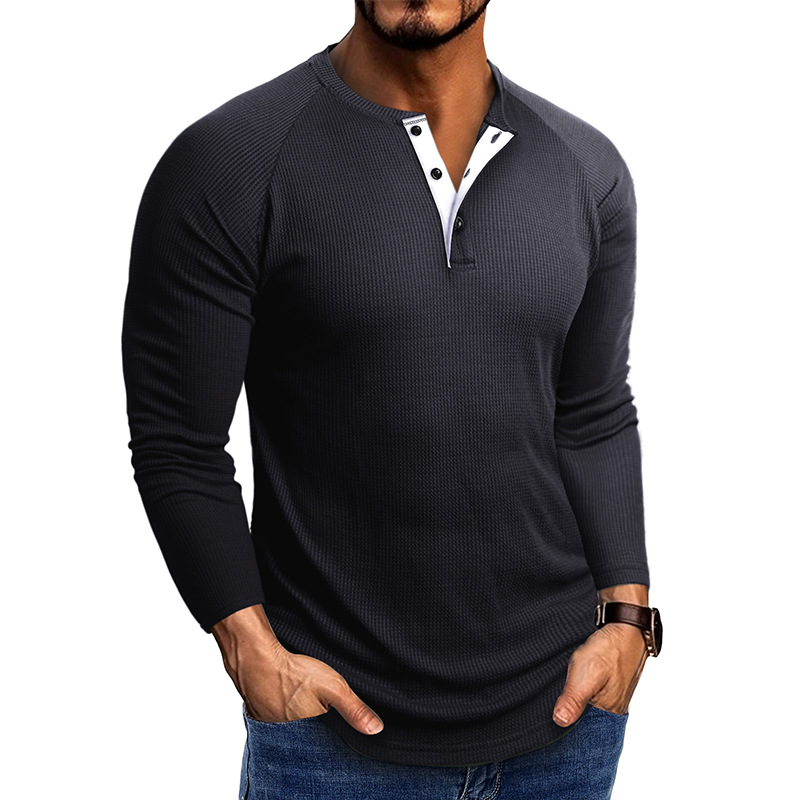 2023 Otoño e Invierno ropa de hombre europea y americana Henry cuello de manga larga Camiseta Comercio exterior camisa de hombre waffle camiseta camisa de fondo