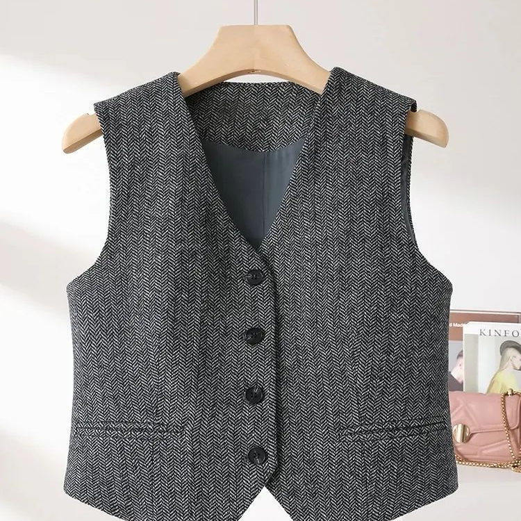 Retro Old Money Style V-Neck Herringbone Pattern Suit Vest for Women 2026 New Style Sleeveless Vest Jacket A10484