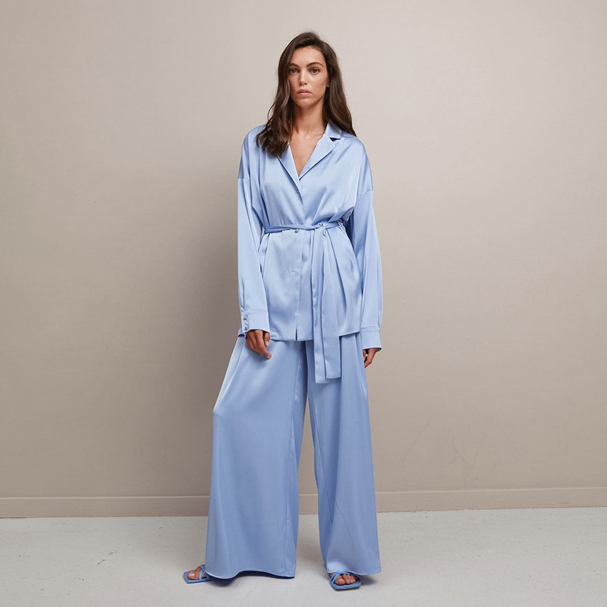 faux silk top and trousers two-piece pajamas  NSMSY124443