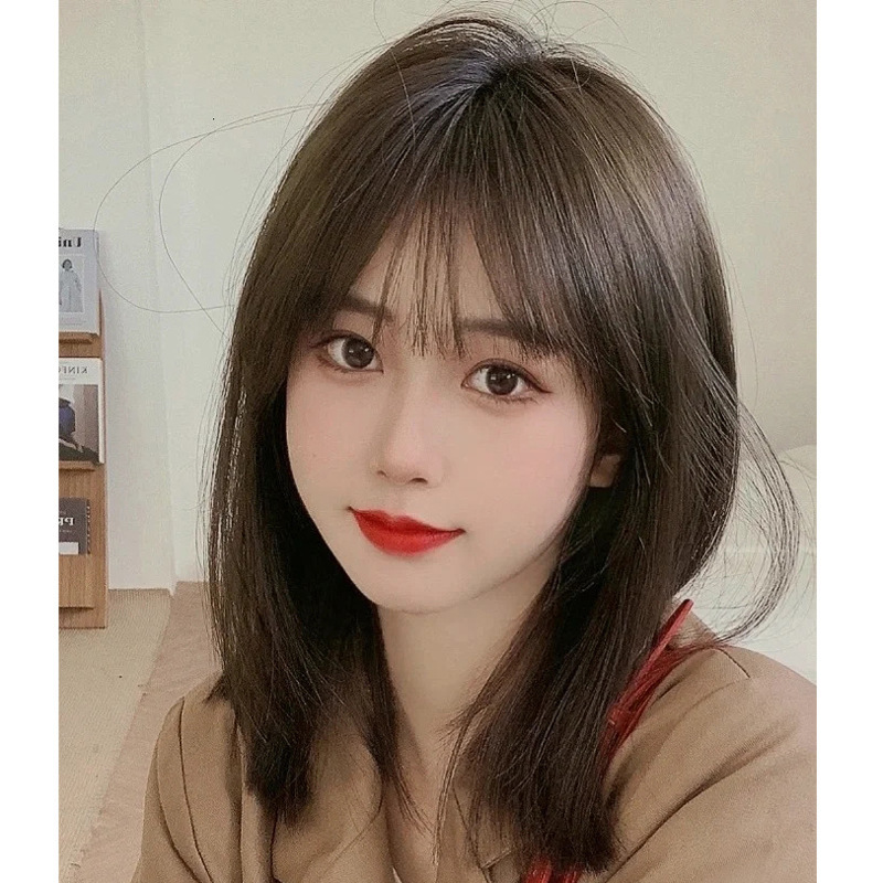 Real Human Hair Wig Full Head Set for Women with Medium-Long Hair, Internet Celebrity Style with Air Bangs and Collarbone-Length Straight Hair