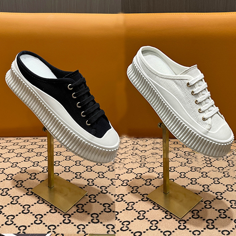 2025 Heightening 5cm New Baotou Half Slippers Casual Thick-Soled Sponge Cake Lazy Biscuits Small White Cowhide