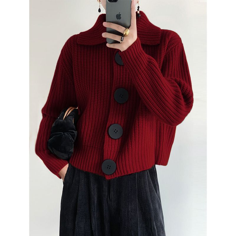 Red Collar New Cardigan Women's Spring and Autum Korean Loose Sweater Jacket Short Top Lazy Style Autum and Winter Orange
