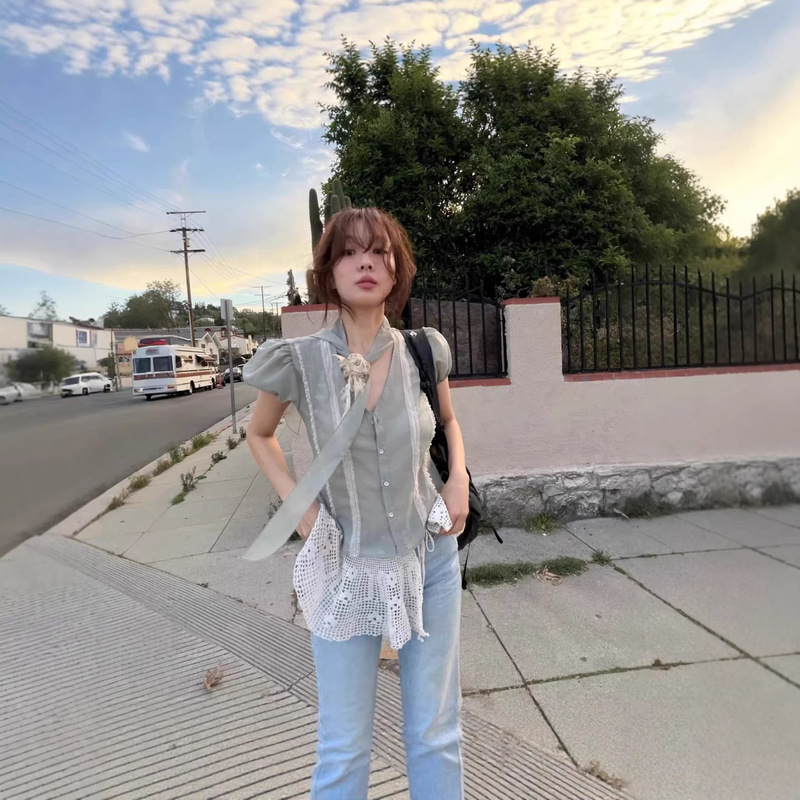 Now Available: Korean Designer Fle*Ta Puff Sleeve Lace Cardigan, Korean Style Women's Clothing, Waist-Cinching Slimming Bow Shirt Now Available: Korean Designer Fle*Ta Puff Sleeve Lace Cardigan, Korean Style Women's Clothing, Waist-Cinching Slimming Bow Shirt