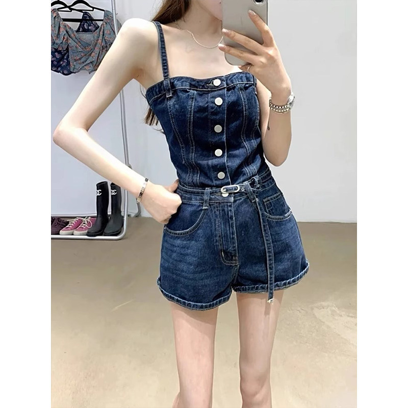 New Spring American Retro Denim Jumpsuit for Women, Sexy and Slimming High-Waisted Shorts Suspender Set, Trendy Design
