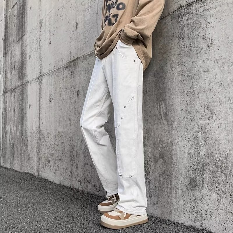 Jeans High Street American Rivet Straight White Trendy Brand Punk Pendant Retro Design Pants Men and Women All-match BF