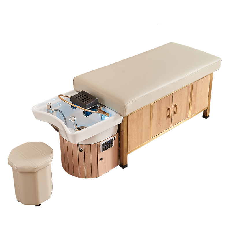 Cama de lavado de cabello de madera maciza, lavabo cerámico, cama de lavado de agua de circulación de agua, cama de tratamiento de cabello de fumigación con calentador de agua, para salón de peluquería especial
