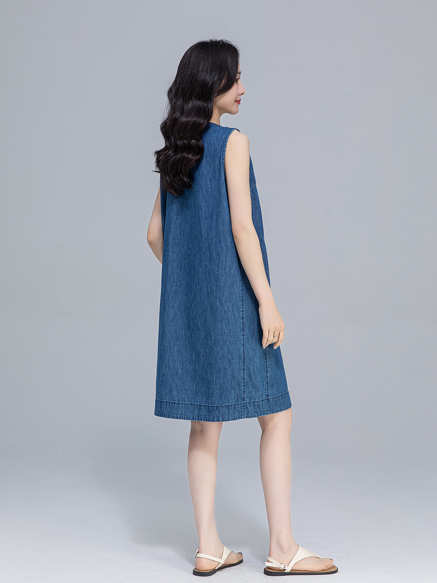 Váy denim ống thẳng cổ tròn không tay dáng rộng — Màu xanh lam